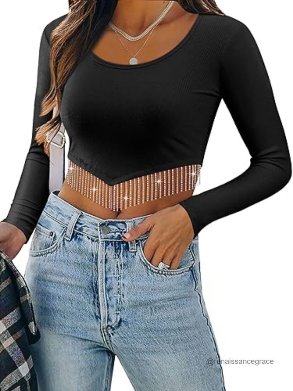 Rhinestone Fringe Long Sleeve Crop Top Ribbed Slim Fit Party Shirt
